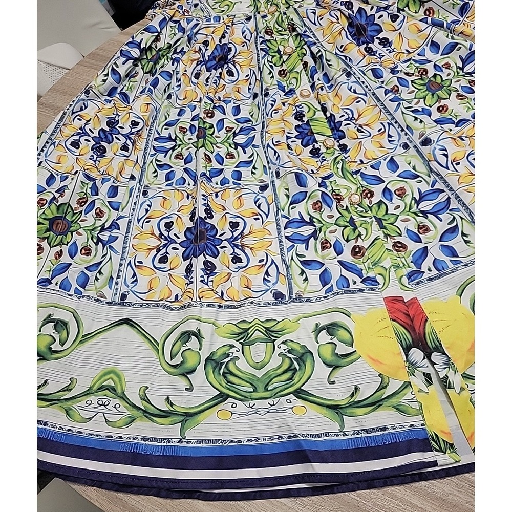Pink Ripple Womens Blue Yellow Tile Floral Print Belted Sleeveless Midi Dress L - Picture 4 of 9